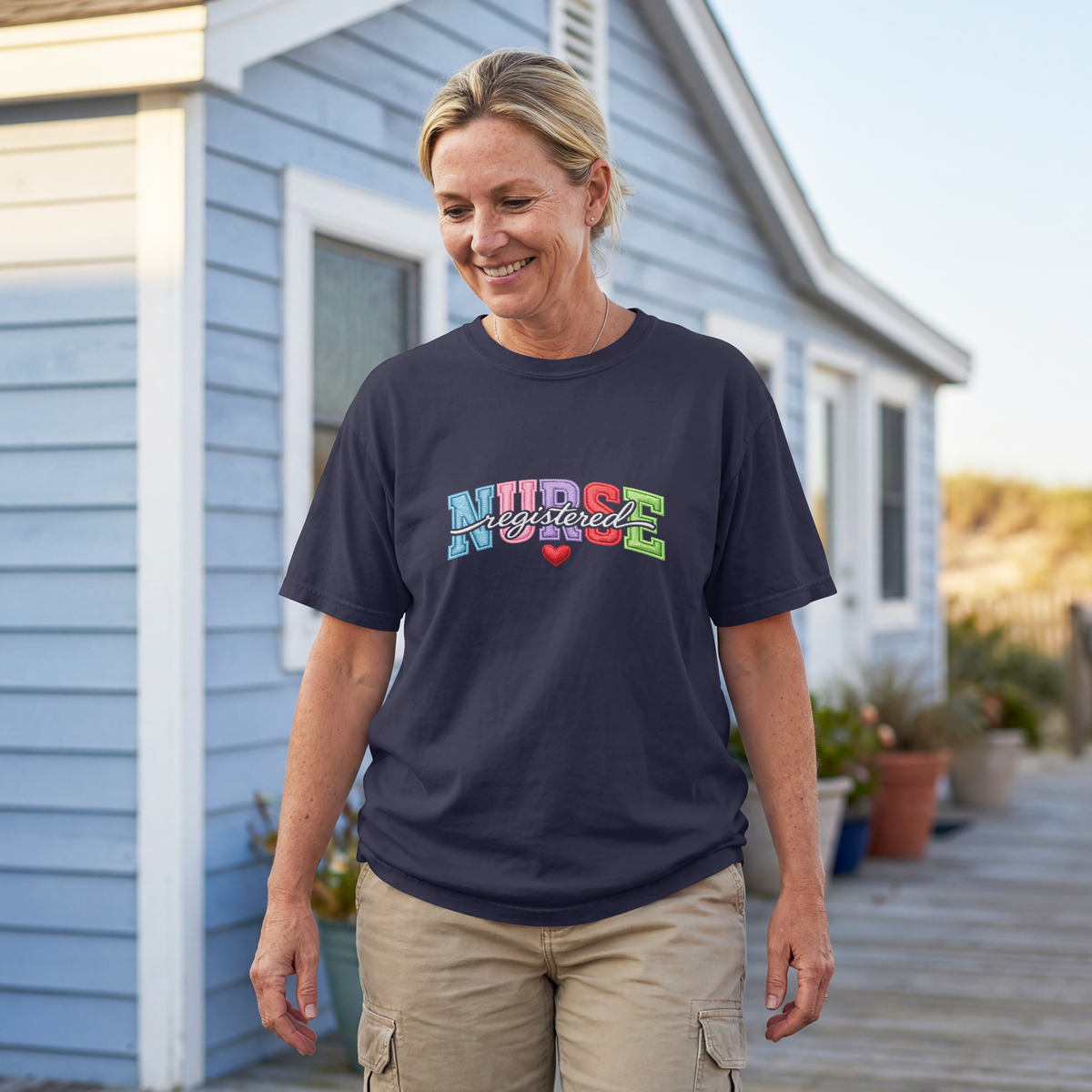 Registered Nurse Shirt – Faux Embroidered Varsity RN Tee