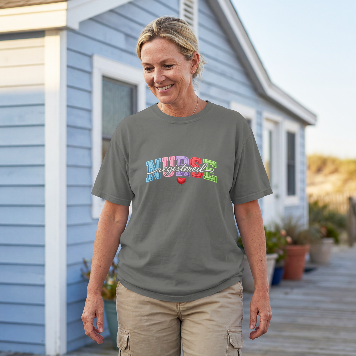 Registered Nurse Shirt – Faux Embroidered Varsity RN Tee