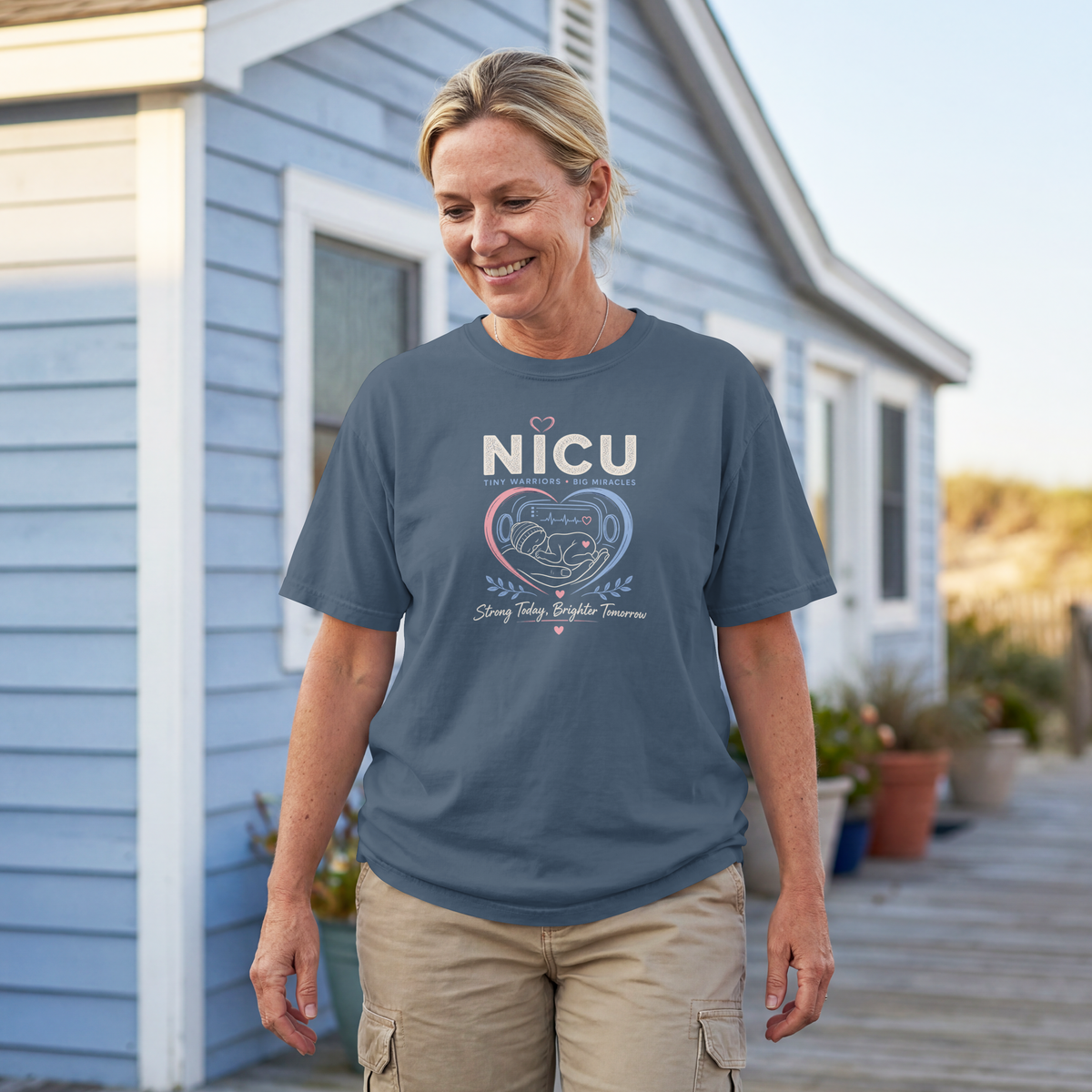 NICU Nurse Tiny Warriors Big Miracles tee, second colorway, on-model three-quarter view