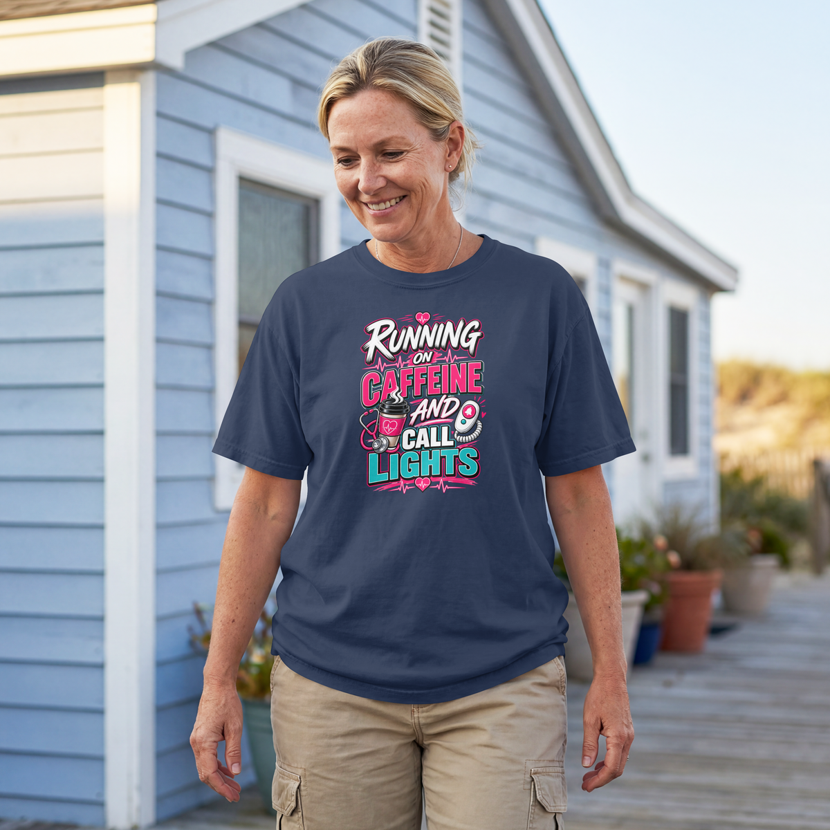 Running on Caffeine and Call Lights Funny Nurse Shirt