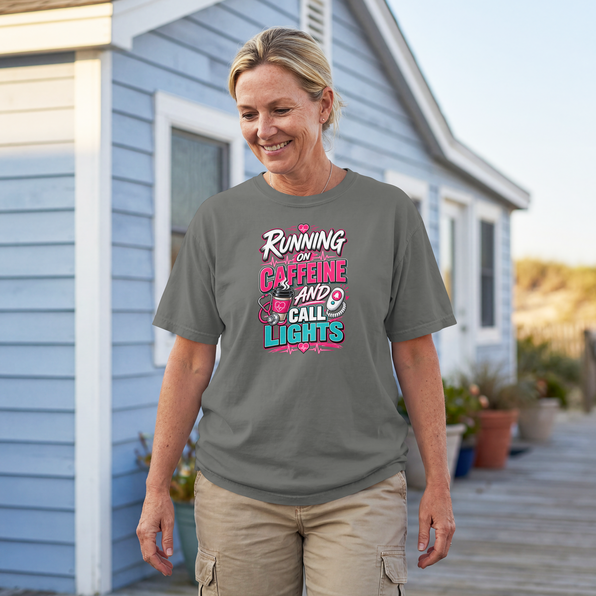 Running on Caffeine and Call Lights Funny Nurse Shirt
