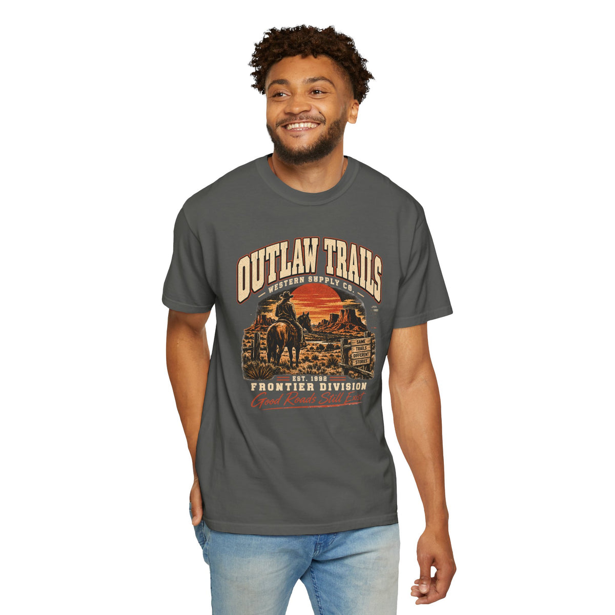 Outlaw Trails Vintage Western T-Shirt — Frontier Division Graphic Tee