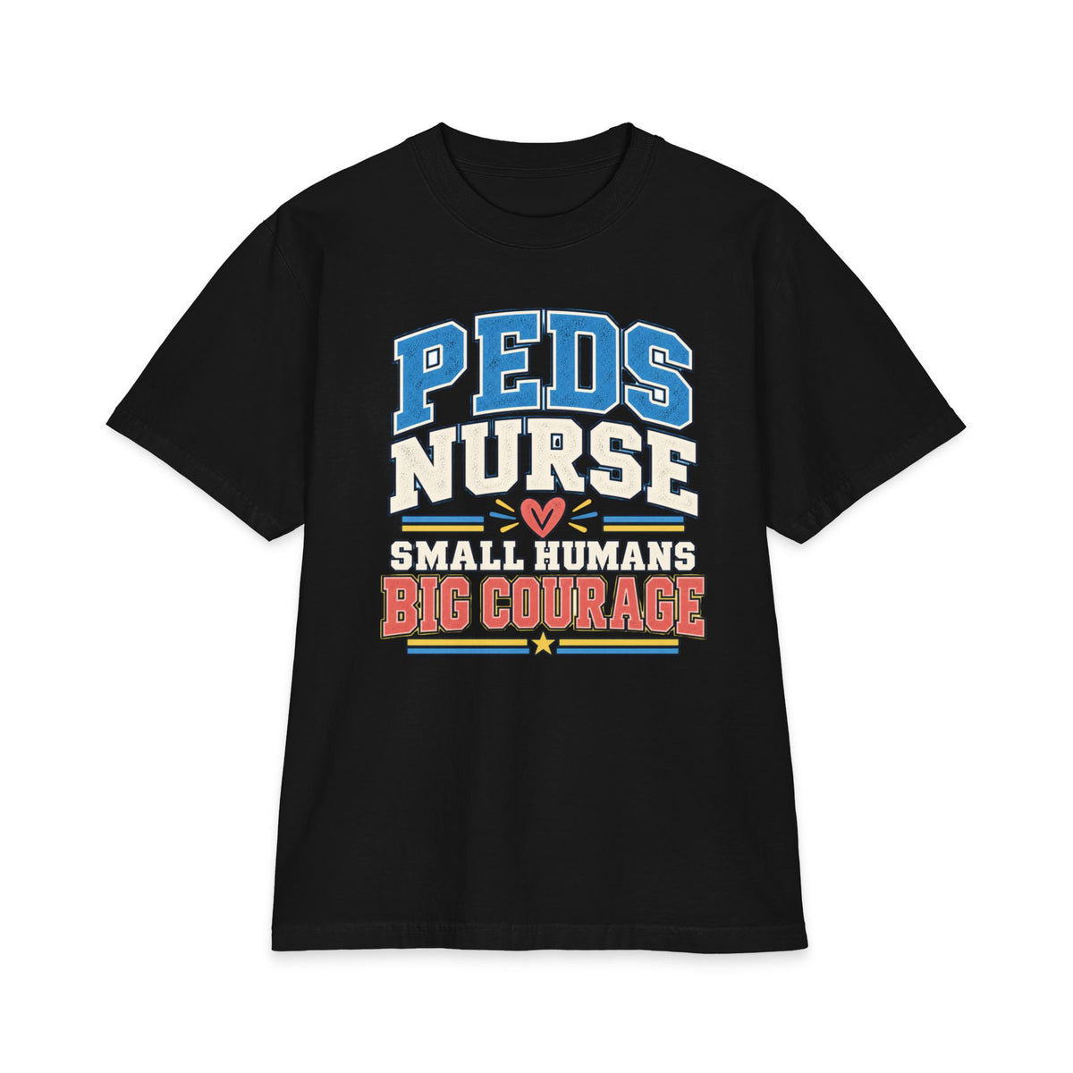 Black front print, product view — Peds Small Humans, Big Courage nurse tee