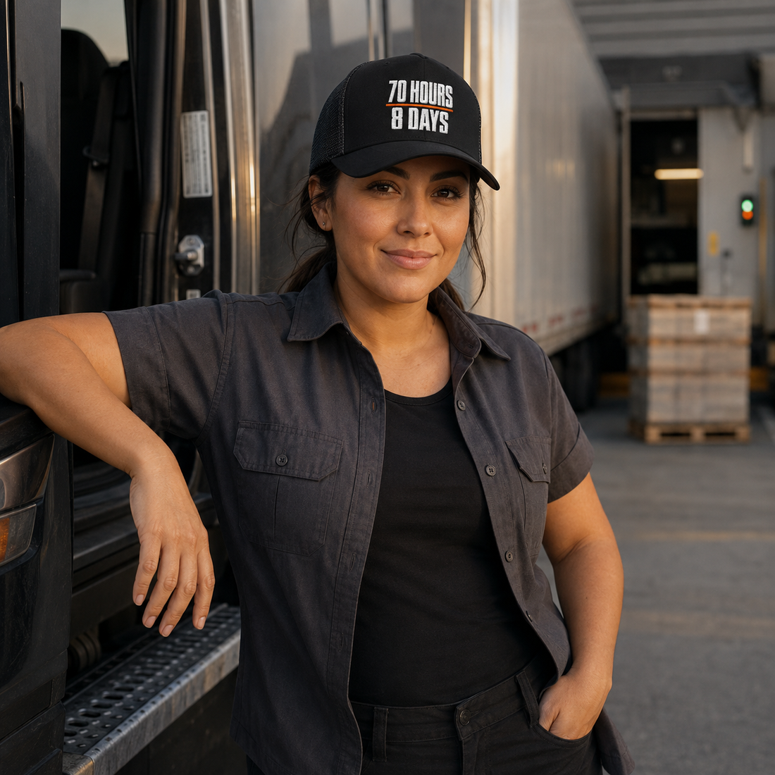 70 Hours in 8 Days embroidered trucker hat in black for professional truck drivers, front view