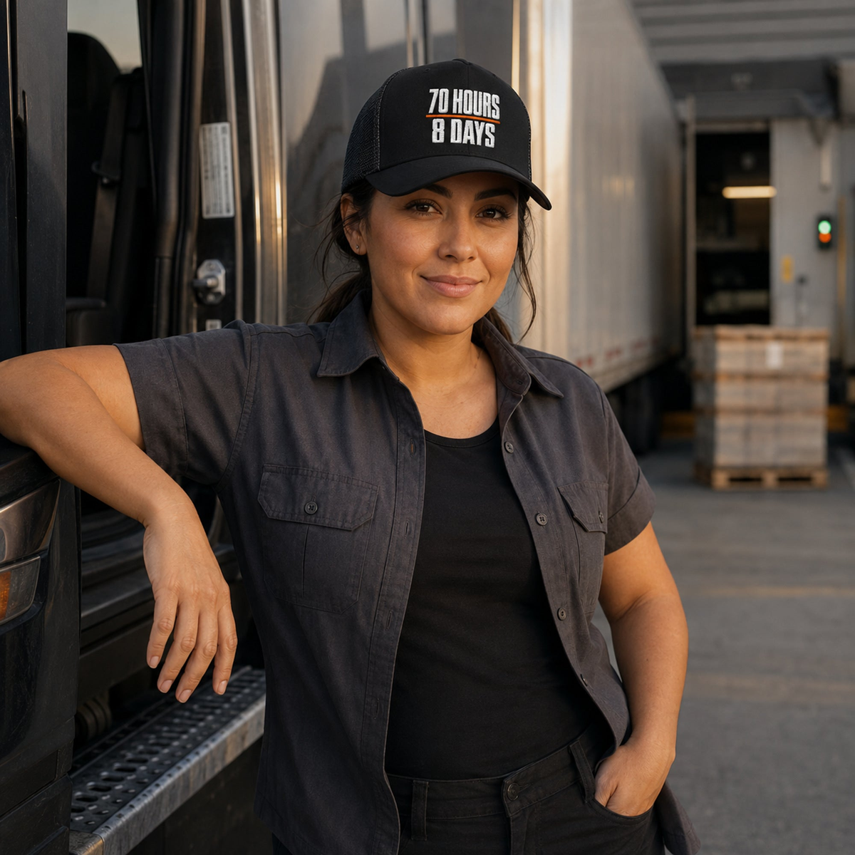 Woman truck driver wearing the 70 Hours in 8 Days embroidered trucker hat