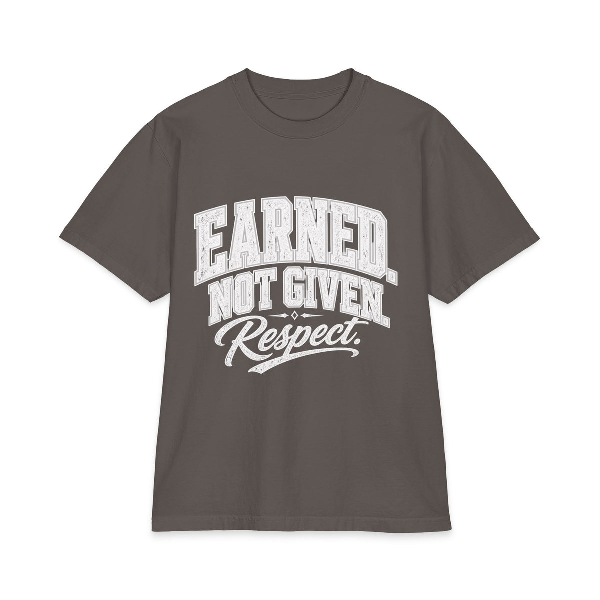 Dark grey Earned Not Given Respect heavyweight tee, white distressed chest lettering, flat product view.