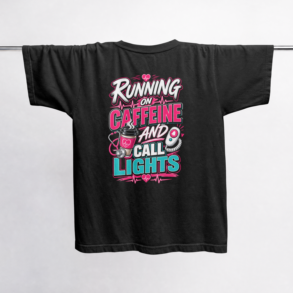 Black Running on Caffeine and Call Lights tee hanging on a rail, showing the full front print and relaxed Comfort Colors cut