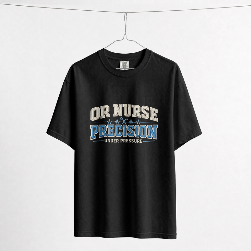 OR Nurse T-Shirt – Precision Under Pressure, Faux Embroidered Varsity Operating Room Nurse Shirt, Comfort Colors 1717