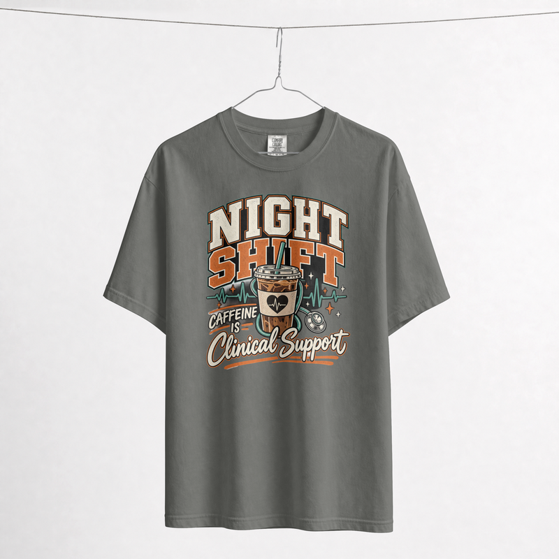 Night Shift Nurse T-Shirt – Caffeine Is Clinical Support, Retro Varsity Iced Coffee Nurse Shirt, Comfort Colors 1717