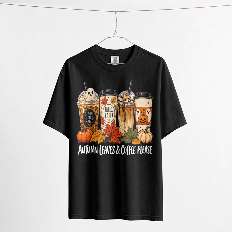Autumn Leaves & Coffee Please T-Shirt – Fall Coffee Shirt, Pumpkin Spice Latte Graphic Tee, Comfort Colors 1717