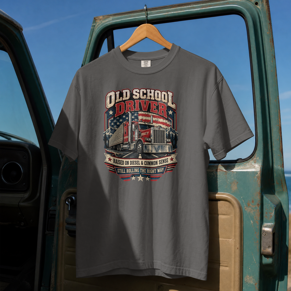 Pepper Old School Driver T-shirt, full front hanging view with vintage semi-truck and American flag graphic.