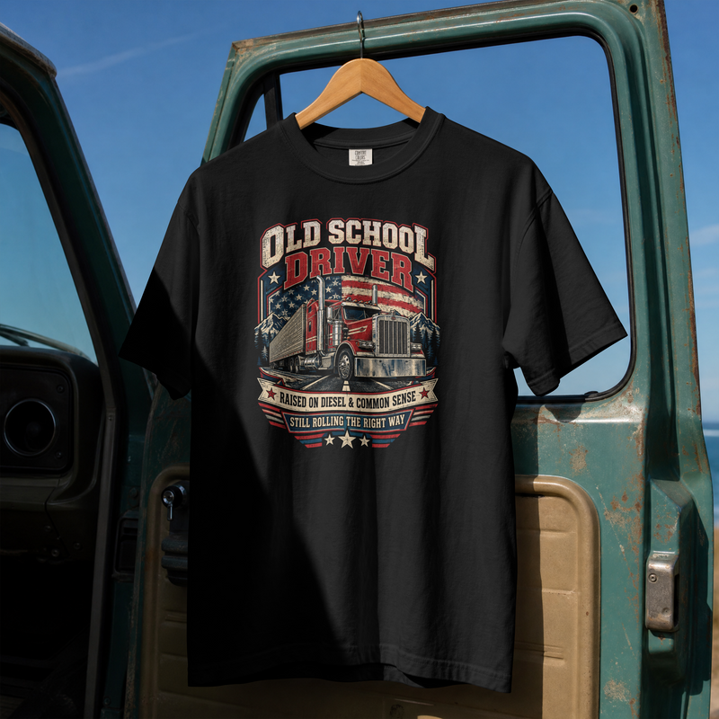Old School Driver Trucker T-Shirt – Vintage American Flag Semi Truck Graphic Tee, Comfort Colors Heavyweight Cotton Shirt