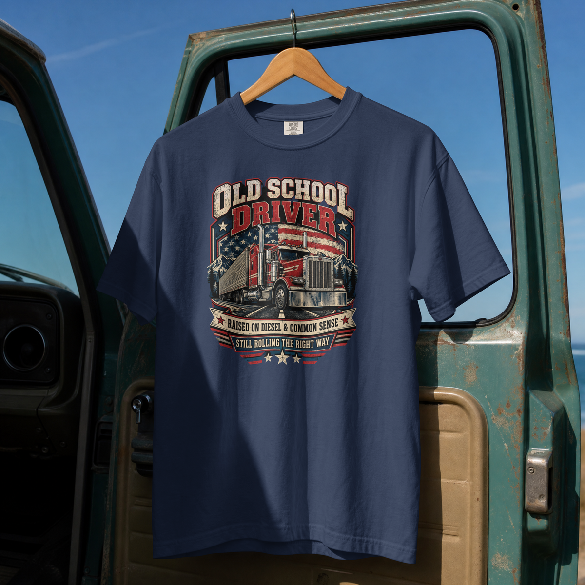 True Navy Old School Driver T-shirt, full front hanging view with vintage semi-truck and American flag graphic.