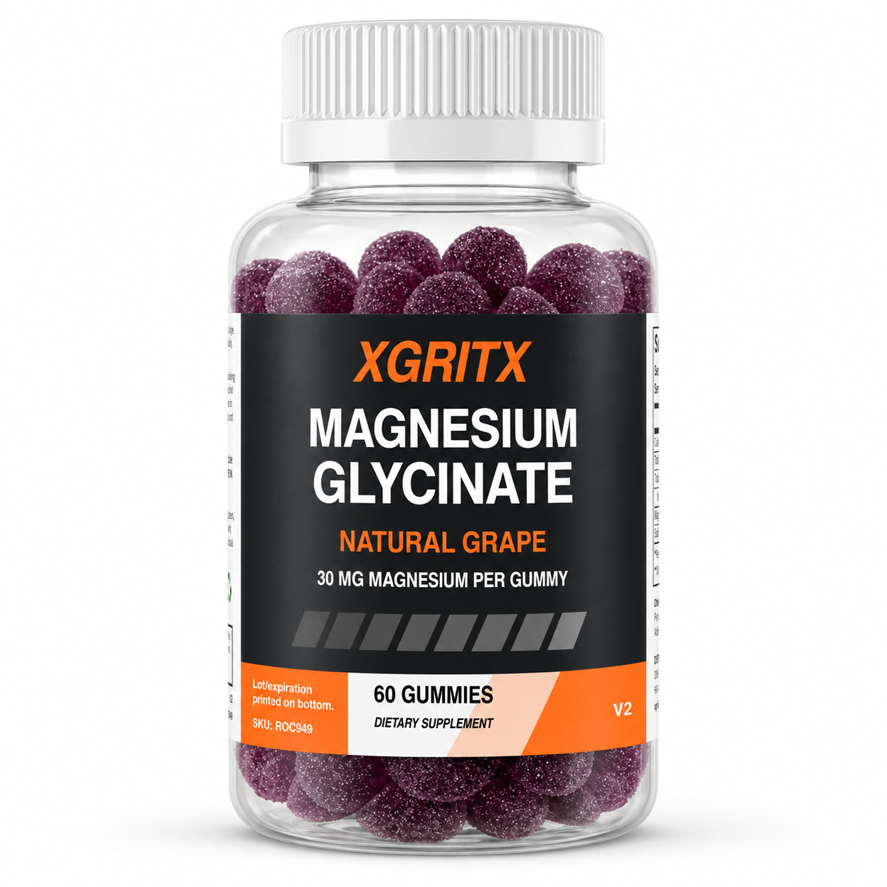 A clear plastic bottle of XGRITX Magnesium Glycinate Natural Grape dietary supplement, containing dark purple grape-shaped gummies, with a black and orange label and a white ribbed cap, on a white background.