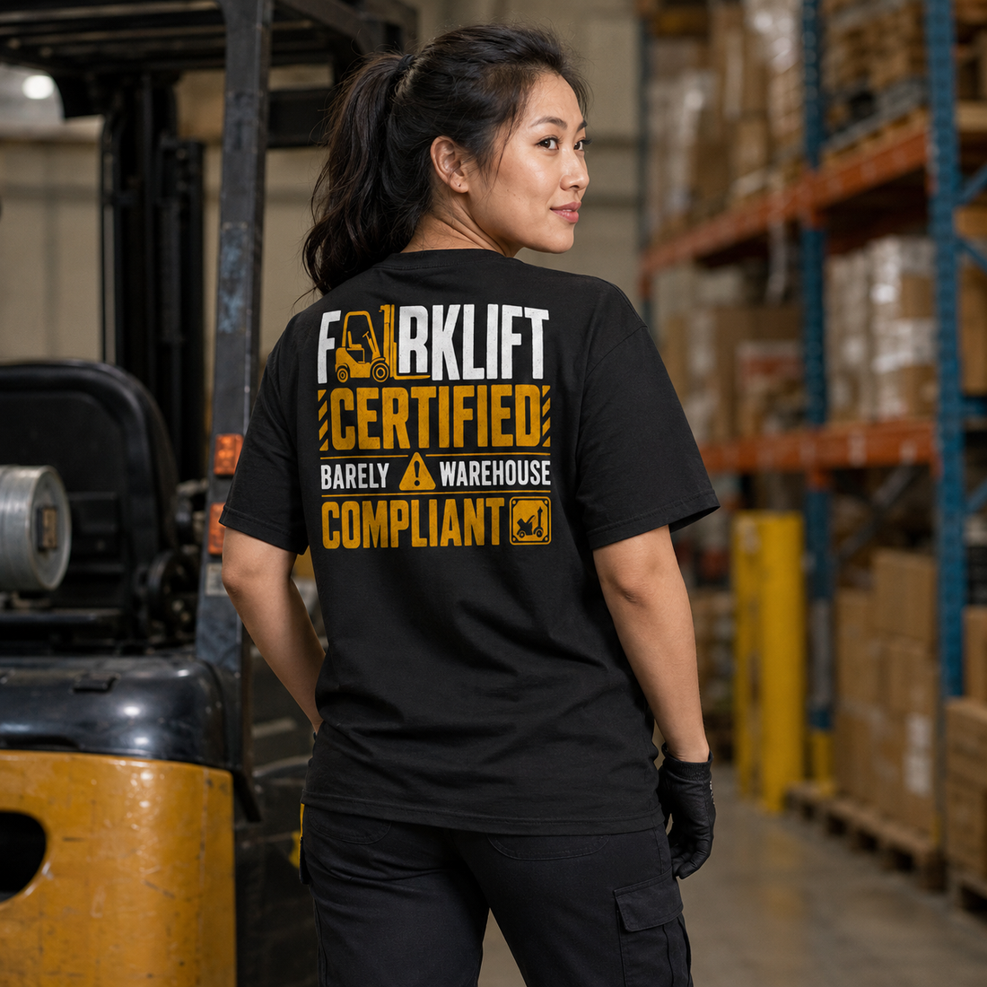 Forklift Certified Barely Warehouse Compliant heavyweight T-shirt in black, front and back views