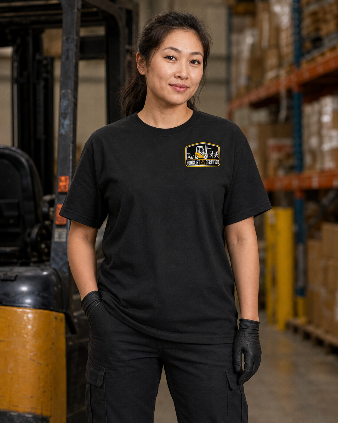 Woman forklift operator wearing Barely Warehouse Compliant T-shirt, front chest graphic