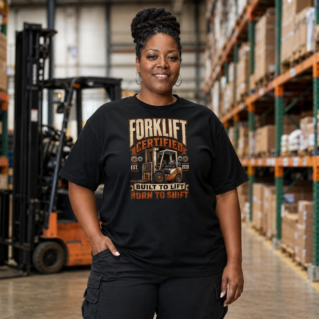 Forklift Certified Built to Lift Born to Shift heavyweight T-shirt in black, front view
