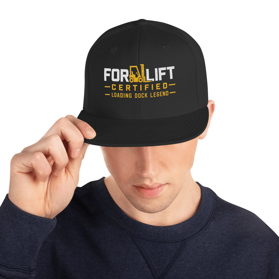Forklift Certified Loading Dock Legend embroidered snapback hat in Black, front view with white and yellow lettering