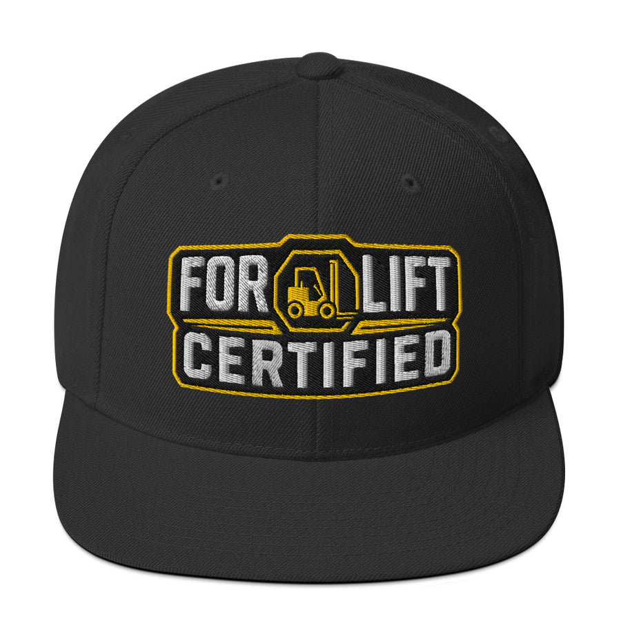 Forklift Certified Industrial Badge embroidered snapback hat in Black, front view with black and yellow badge