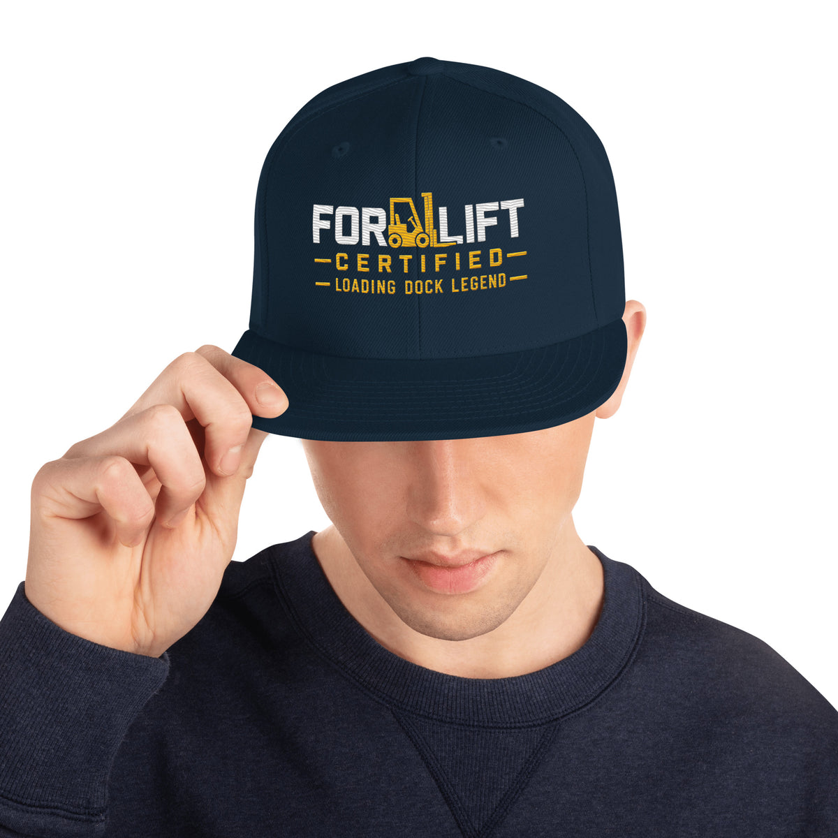 Forklift Certified Loading Dock Legend embroidered snapback hat in Dark Navy, straight-on front view