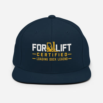 Forklift Certified Loading Dock Legend embroidered snapback hat in Dark Navy, front view with white and yellow lettering