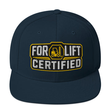 Forklift Certified Industrial Badge embroidered snapback hat in Dark Navy, front view with black and yellow badge