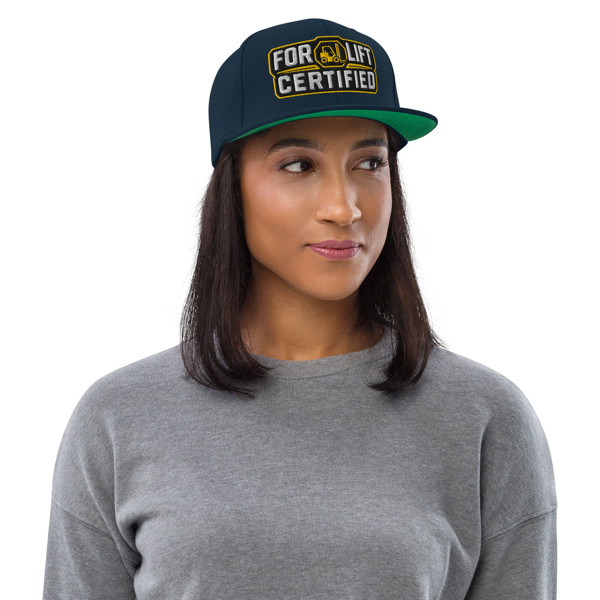 Forklift Certified Industrial Badge embroidered snapback hat in Dark Navy, straight-on front view