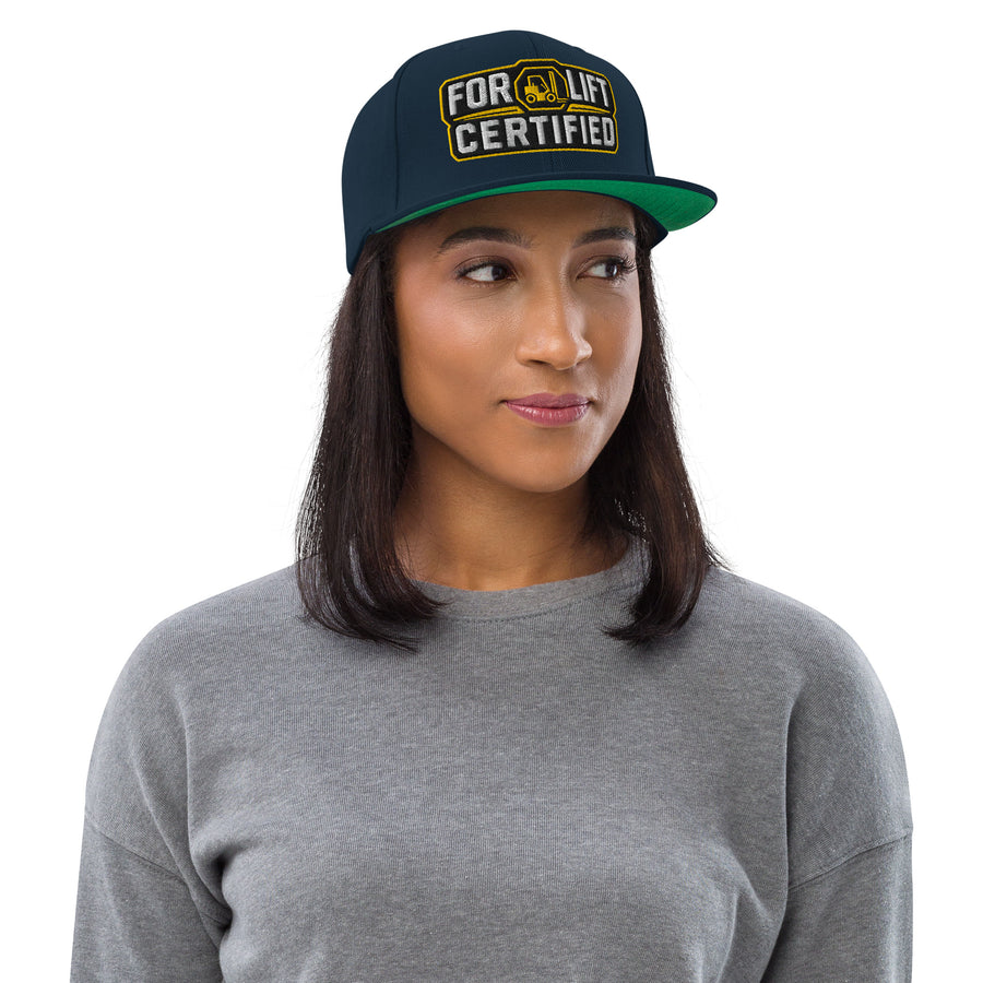 Forklift Certified Industrial Badge embroidered snapback hat in Dark Navy, straight-on front view
