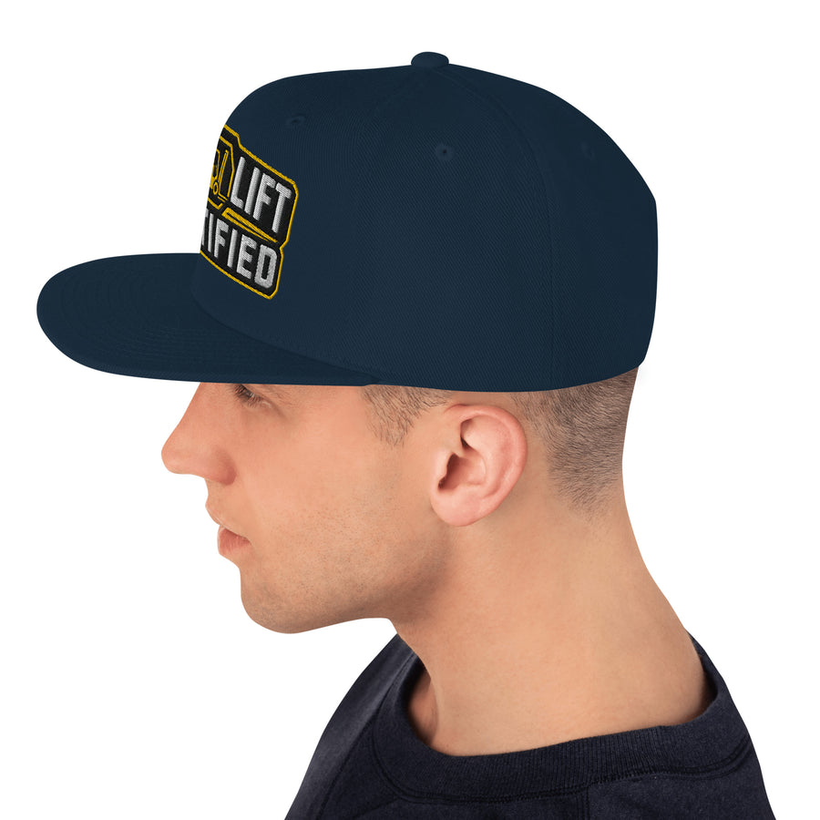 Forklift Certified Industrial Badge snapback hat in Dark Navy, left side view showing flat brim