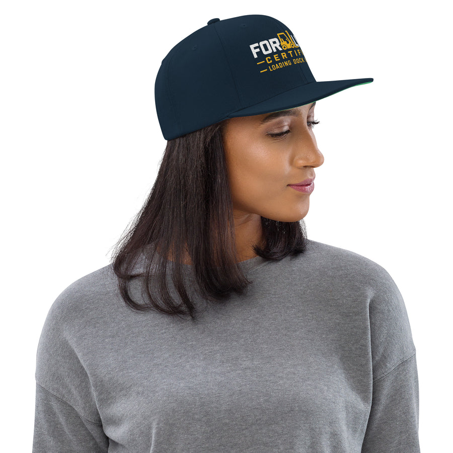 Forklift Certified Loading Dock Legend snapback hat in Dark Navy, right side view showing flat brim