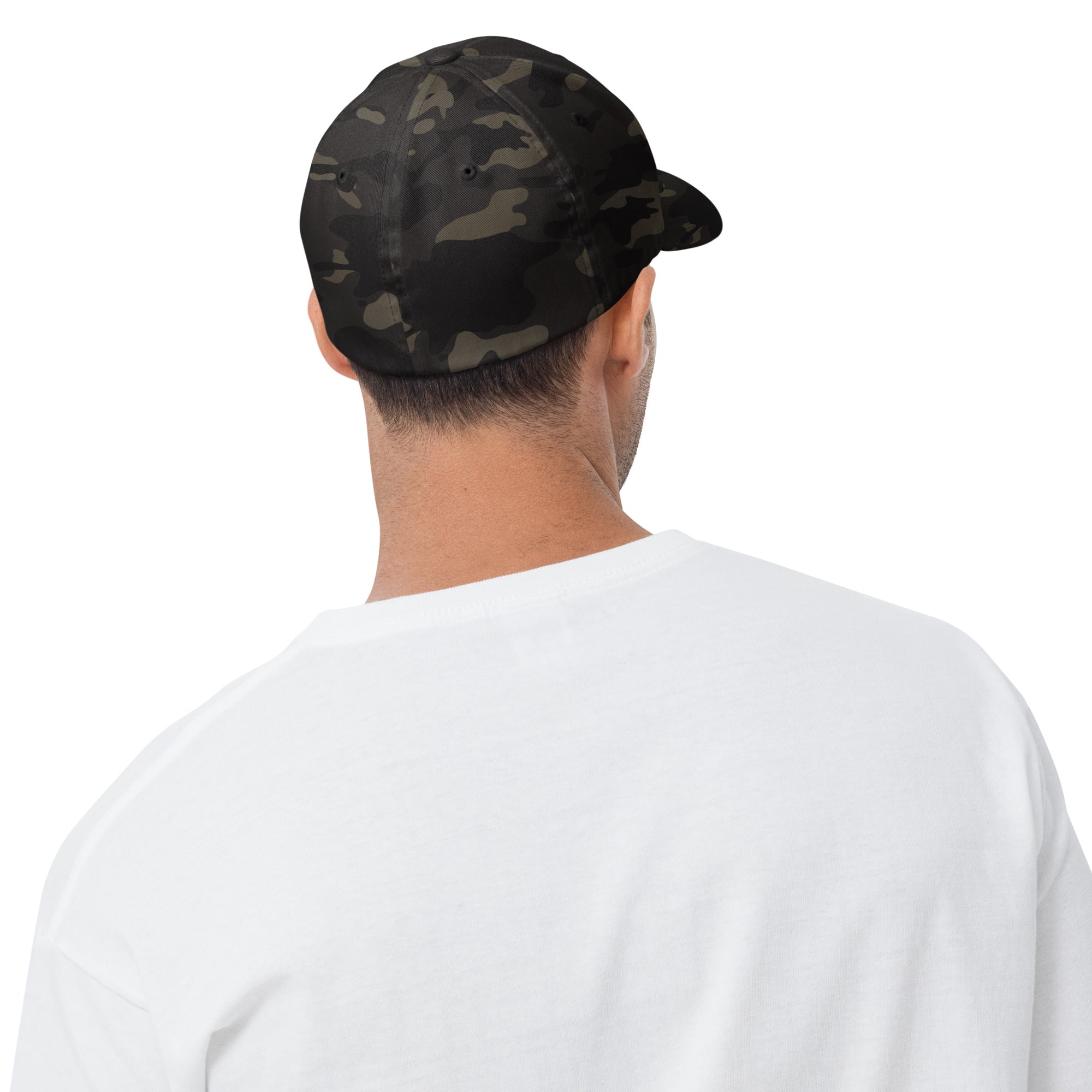 Heavy Duty Certified forklift operator hat in Multicam Black, back view with elastic stretch band