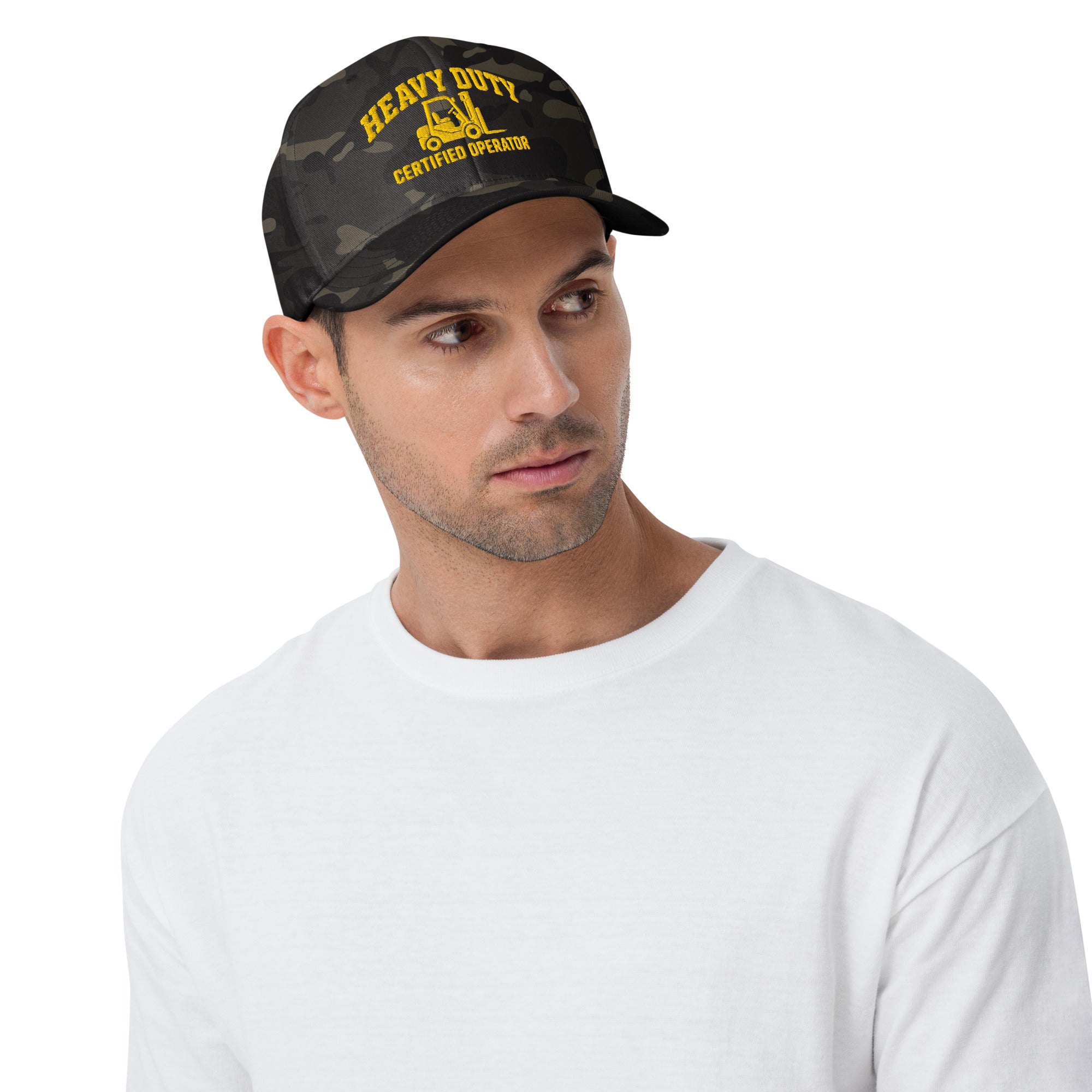 Heavy Duty Certified forklift operator hat in Multicam Black, front view