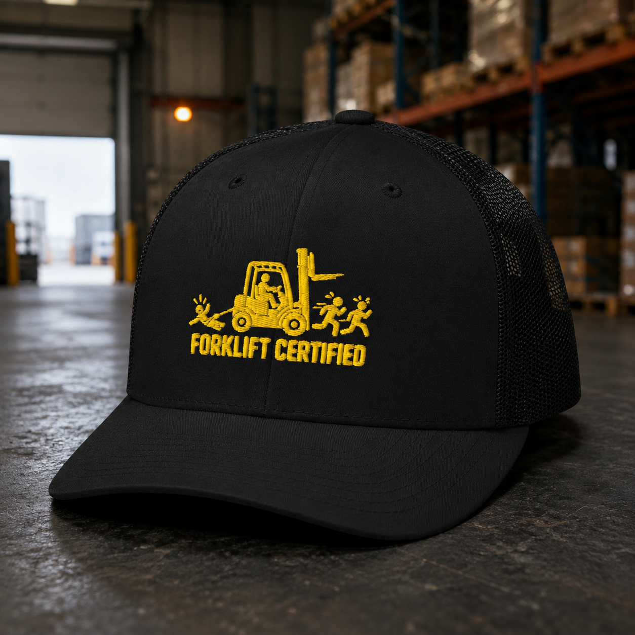 Forklift Certified black embroidered trucker hat displayed in warehouse setting