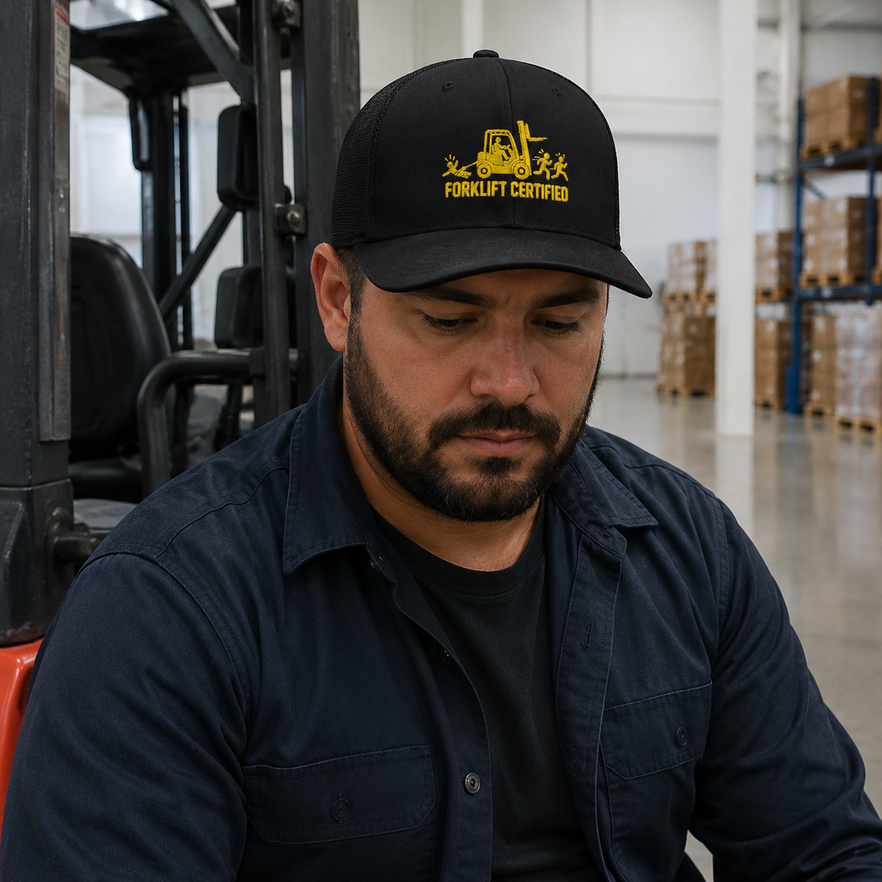Warehouse forklift operator wearing Forklift Certified embroidered trucker hat