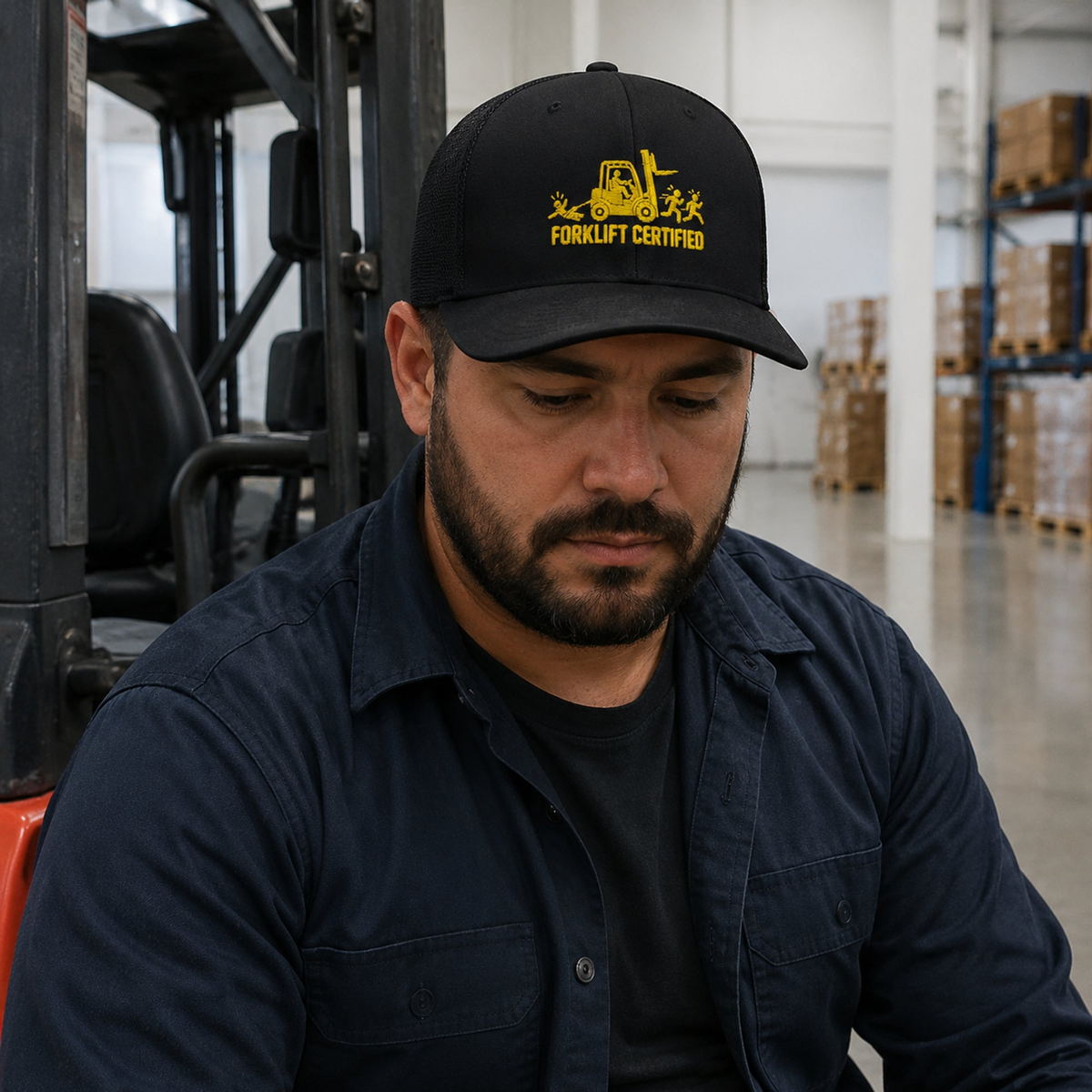 Warehouse forklift operator wearing the Forklift Certified embroidered trucker hat on the job