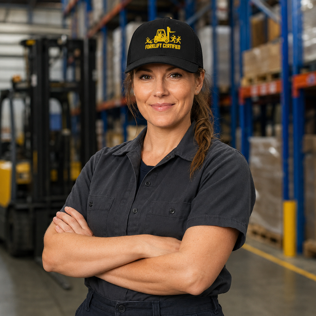 Forklift Certified embroidered trucker hat in black for warehouse operators, front view