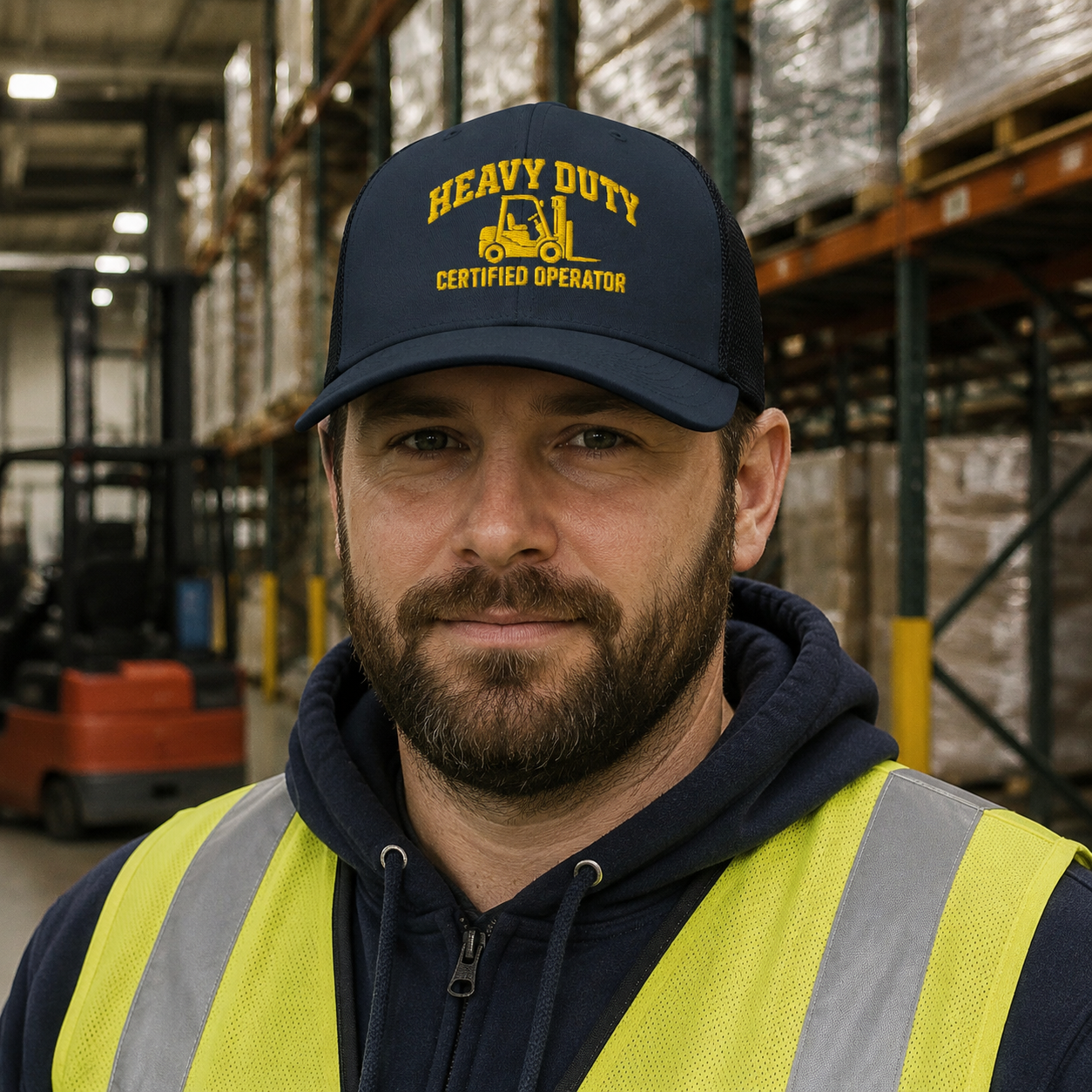 Heavy Duty Certified Operator embroidered trucker hat worn in a warehouse