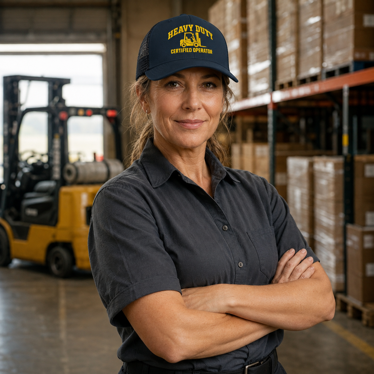 Experienced woman warehouse operator wearing the Heavy Duty Certified Operator hat