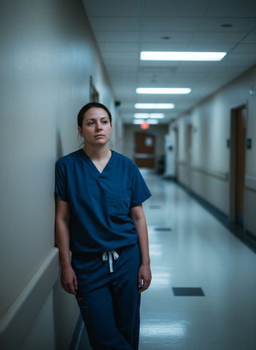 Night shift healthcare worker in scrubs in a hospital corridor at 3am - XGRITX night shift supplements