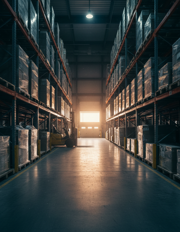 Empty warehouse aisle at dawn with a forklift and long shadows - more than 20 years on the warehouse floor