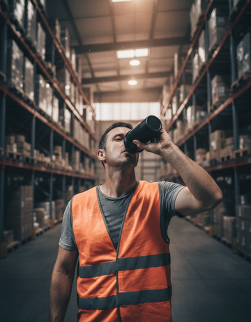 Warehouse worker in a hi-vis vest drinking from a shaker bottle mid-shift - XGRITX COOLANT sugar-free electrolyte powder