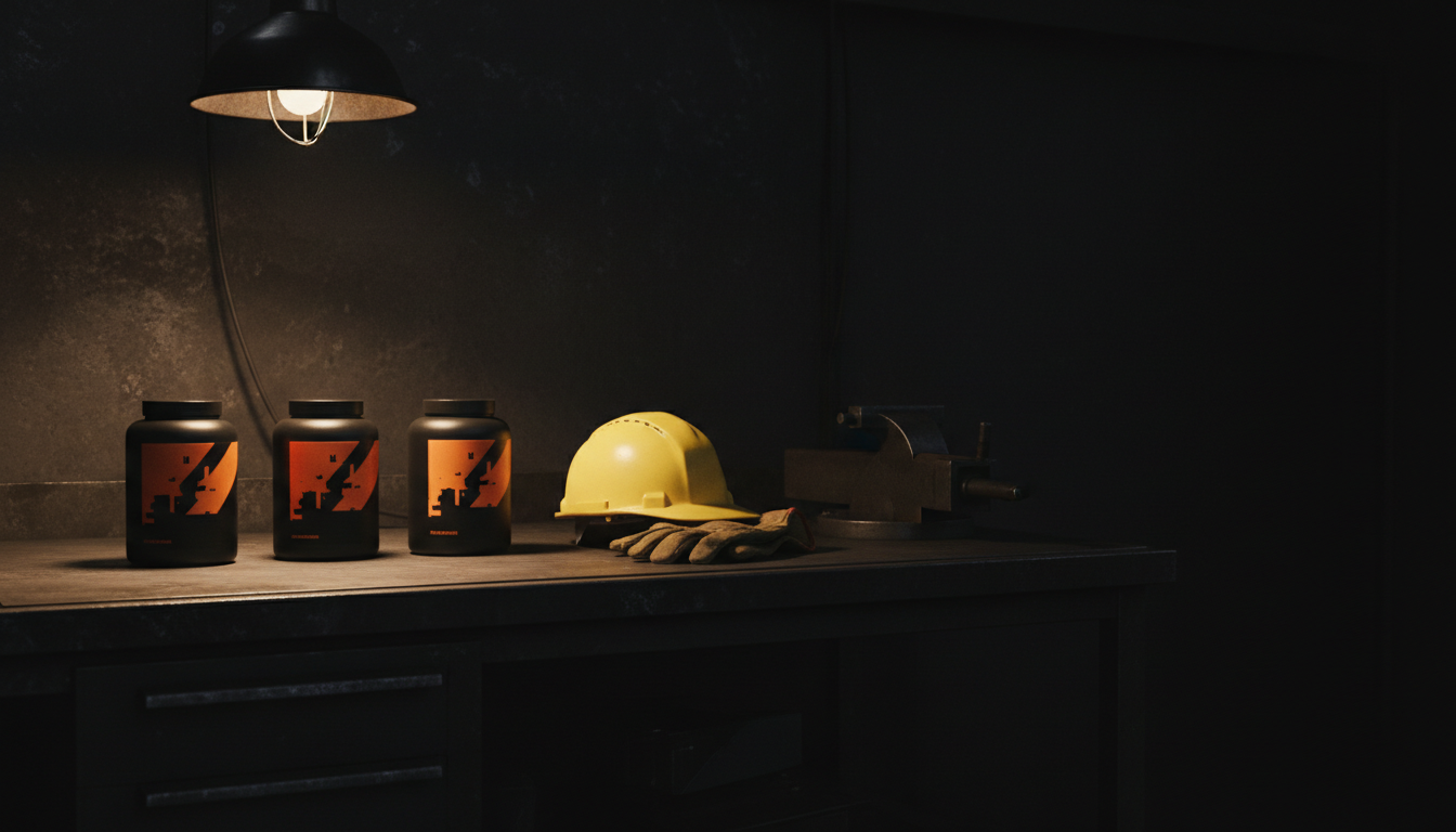 Supplement tubs, hard hat and gloves on a workshop bench under a shop lamp