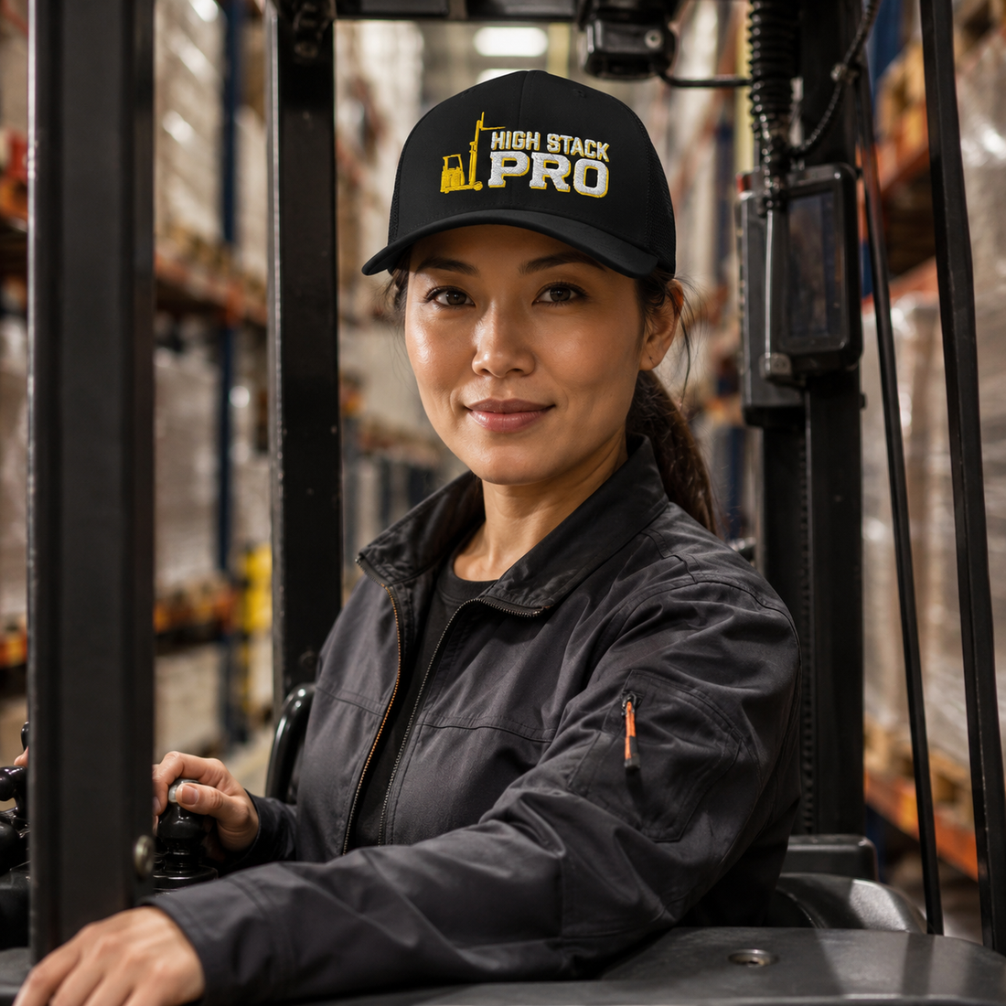 High Stack Pro embroidered forklift operator trucker hat in black, front view