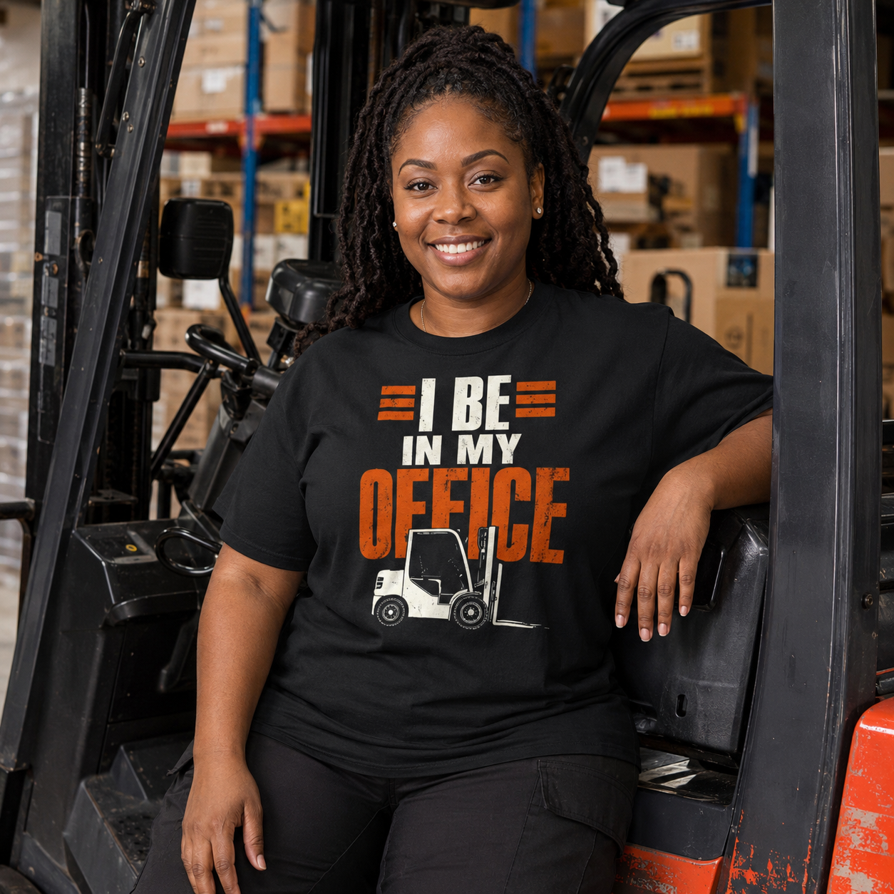 Woman forklift operator wearing I Be in My Office warehouse heavyweight T-shirt