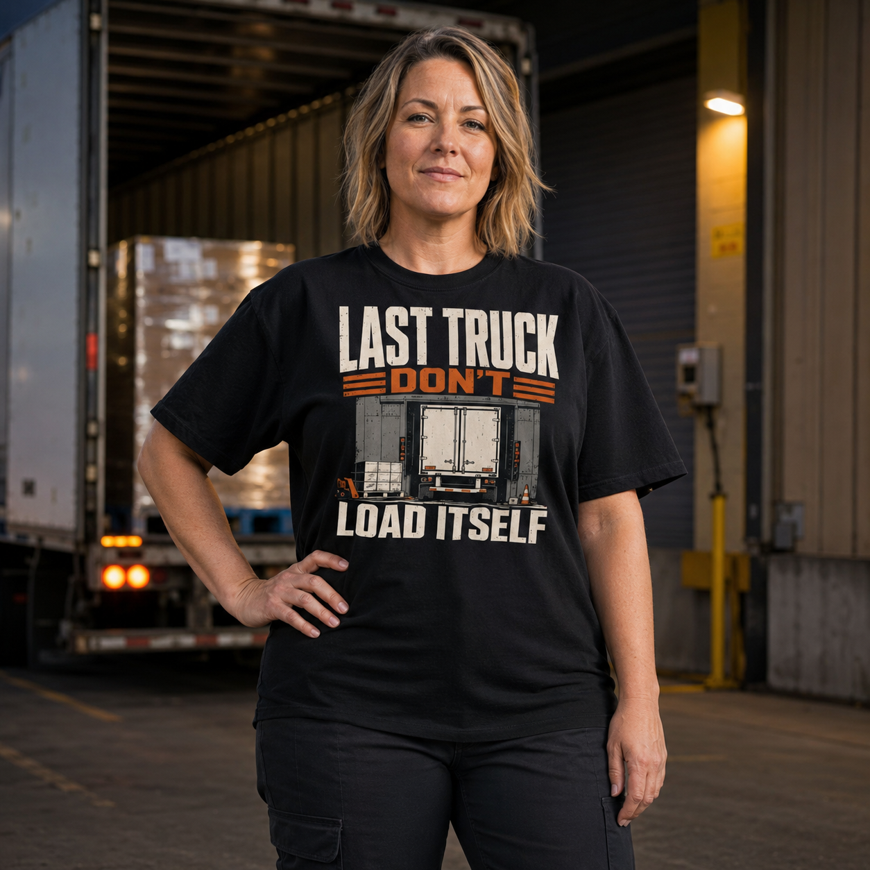 Woman loading dock worker wearing Last Truck Don't Load Itself heavyweight T-shirt