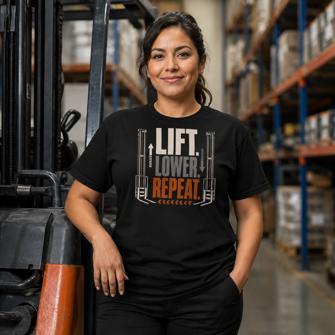 Lift Lower Repeat forklift operator heavyweight T-shirt in black, front graphic view