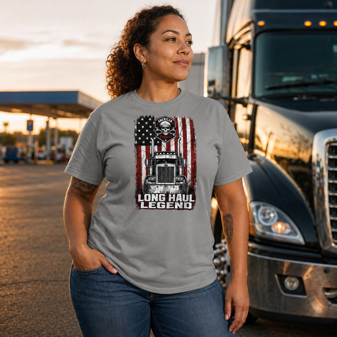 Long Haul Legend trucker tee in grey, front view