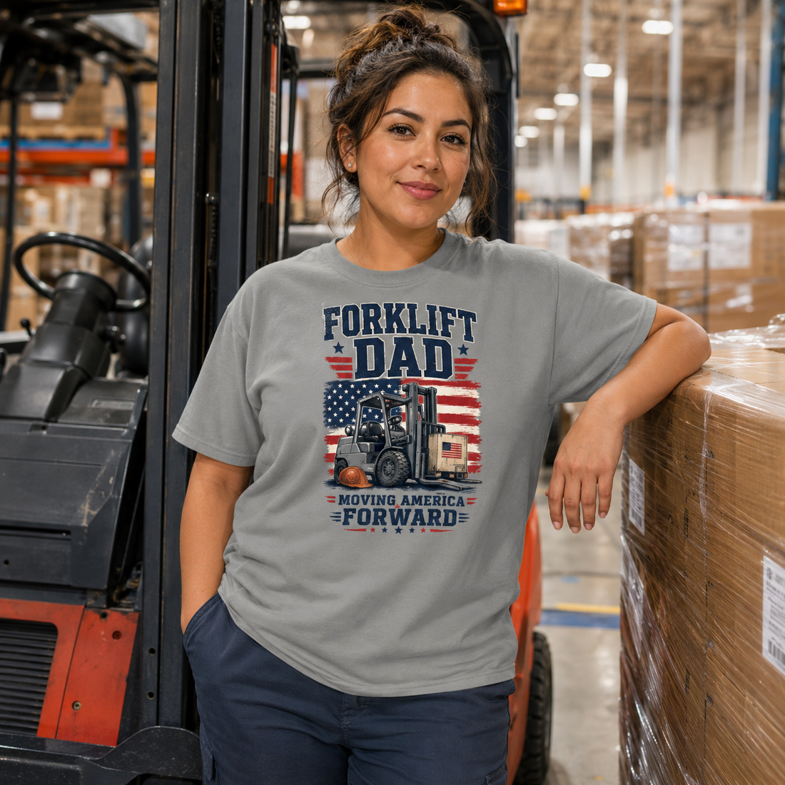 Moving America Forward forklift operator tee in grey, front view