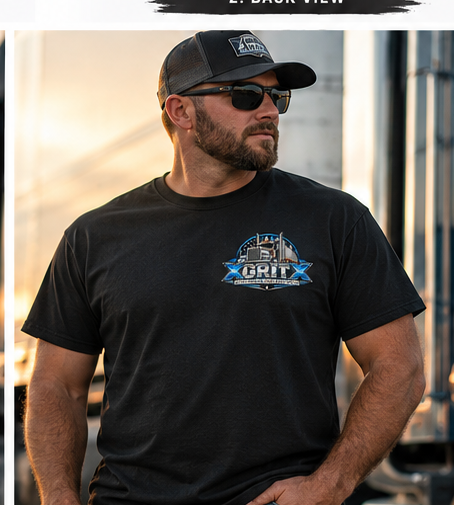 Trucker wearing XGRITX chest logo shirt front view