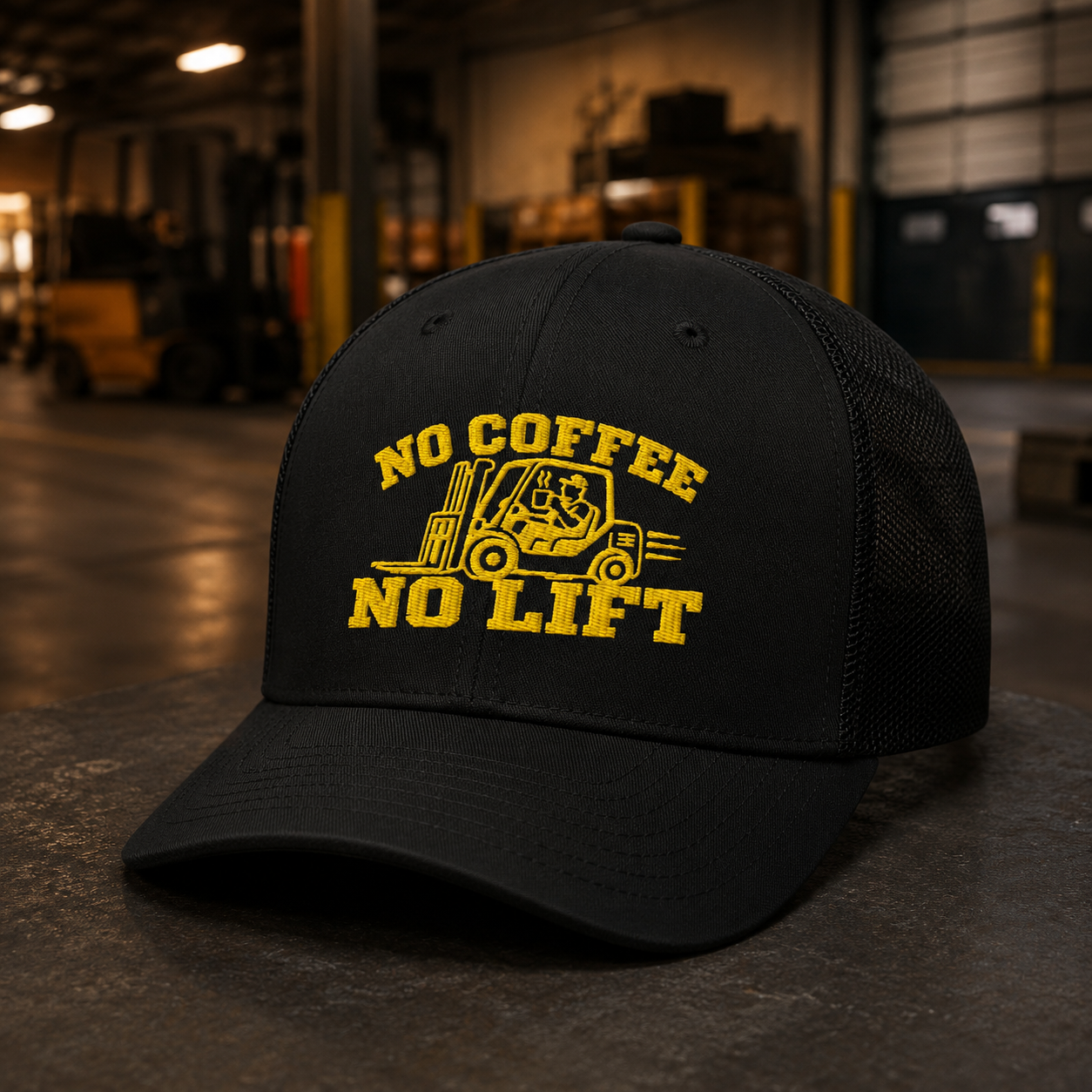 No Coffee No Lift black embroidered forklift operator hat in a warehouse